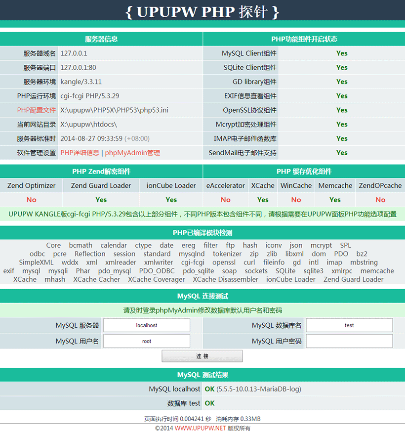 启动成功后浏览器输入127.0.0.1后显示的PHP探针页面